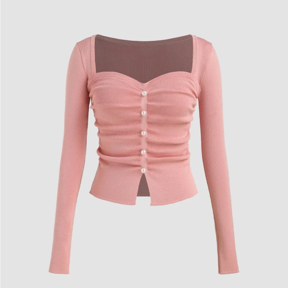 Cider Square Neck Faux Pearl Knitted Long Sleeve Crop Top